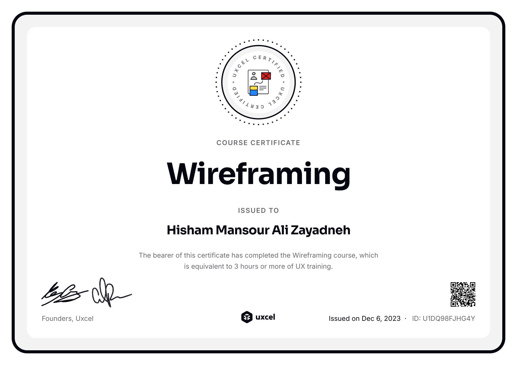 Hisham Zayadneh's certificate
